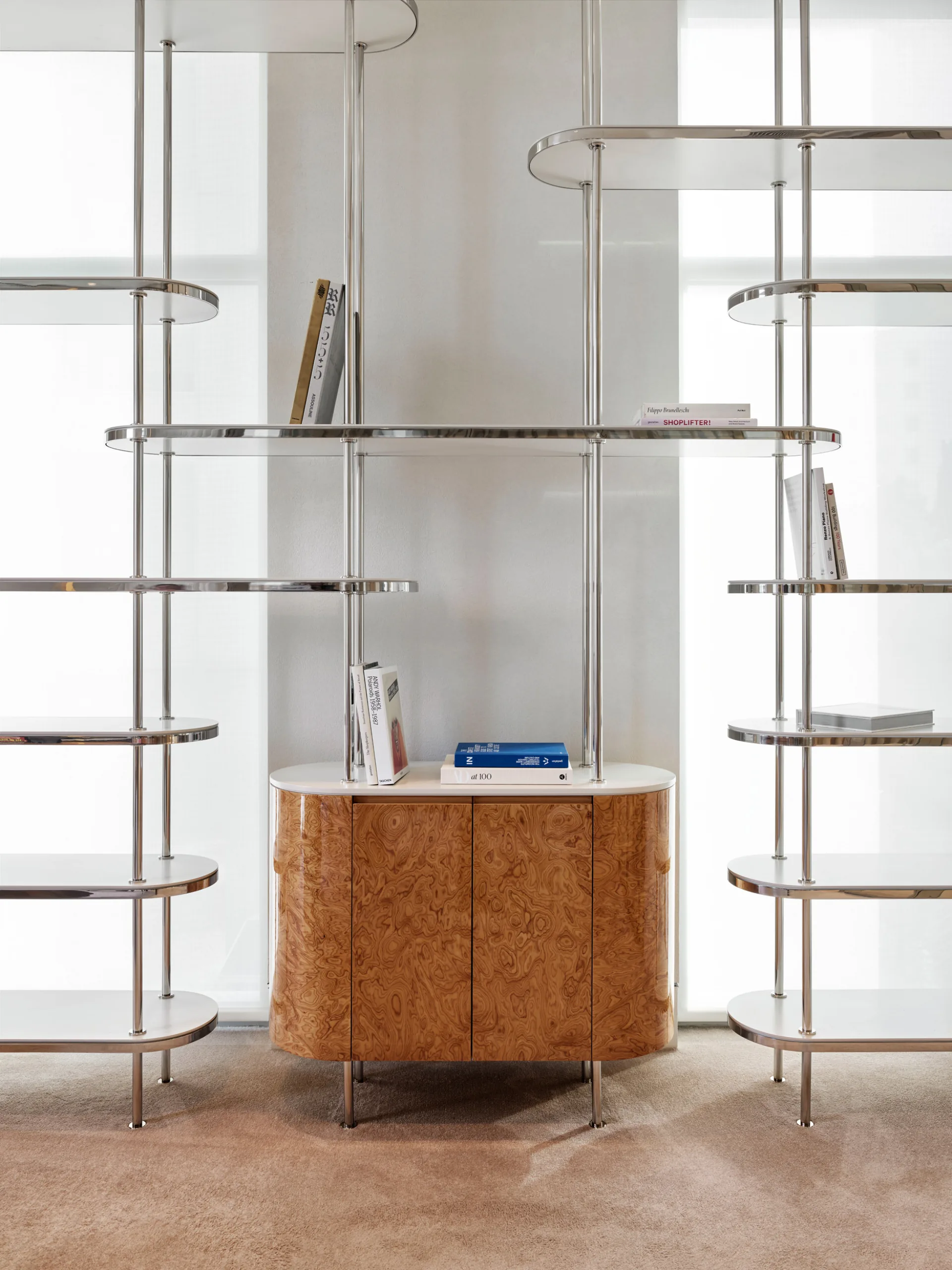Residential custom shelving with metal and wood details